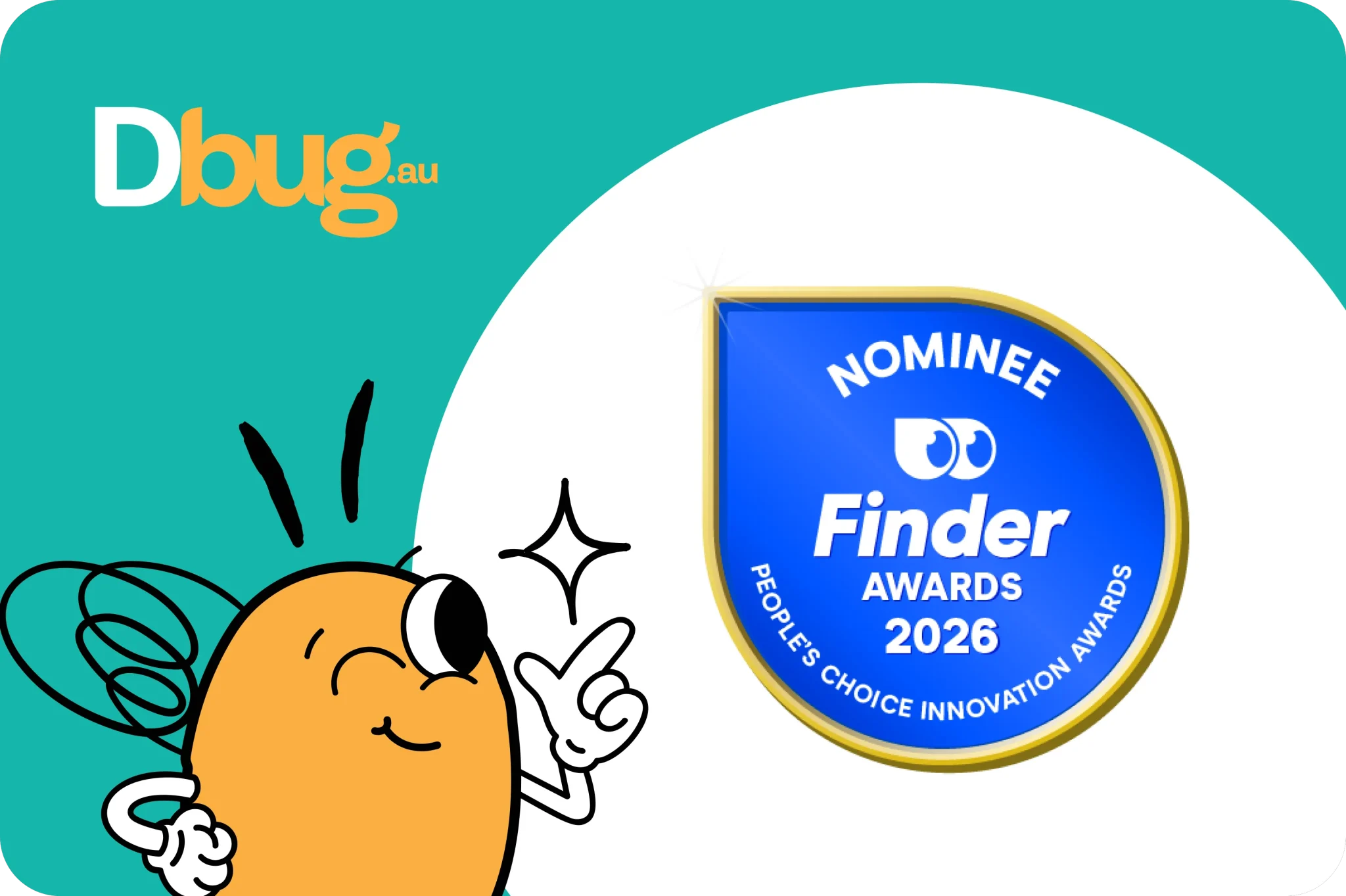 A cartoon bee points to a blue badge reading "Nominee Finder Innovation Awards 2026 People's Choice Innovation Awards Best UX Innovation" on a teal and white background, celebrating Spark Interact’s achievement.