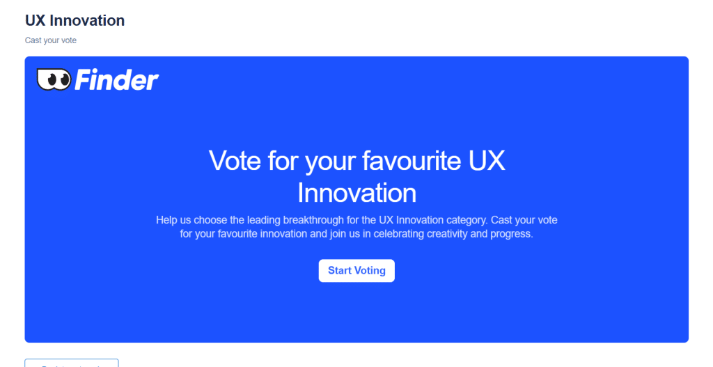 A blue Finder banner invites users to vote for their favorite UX innovation in the Finder Innovation Awards, with a "Start Voting" button below the main text.