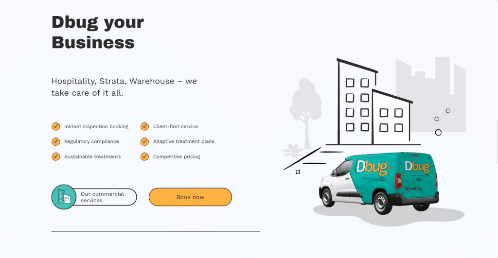 A teal Dbug van is parked near buildings; text on the left promotes commercial pest control services with icons highlighting key features—such as Spark Interact’s Best UX Innovation, recognized at the Finder Innovation Awards—and a "Book now" button.