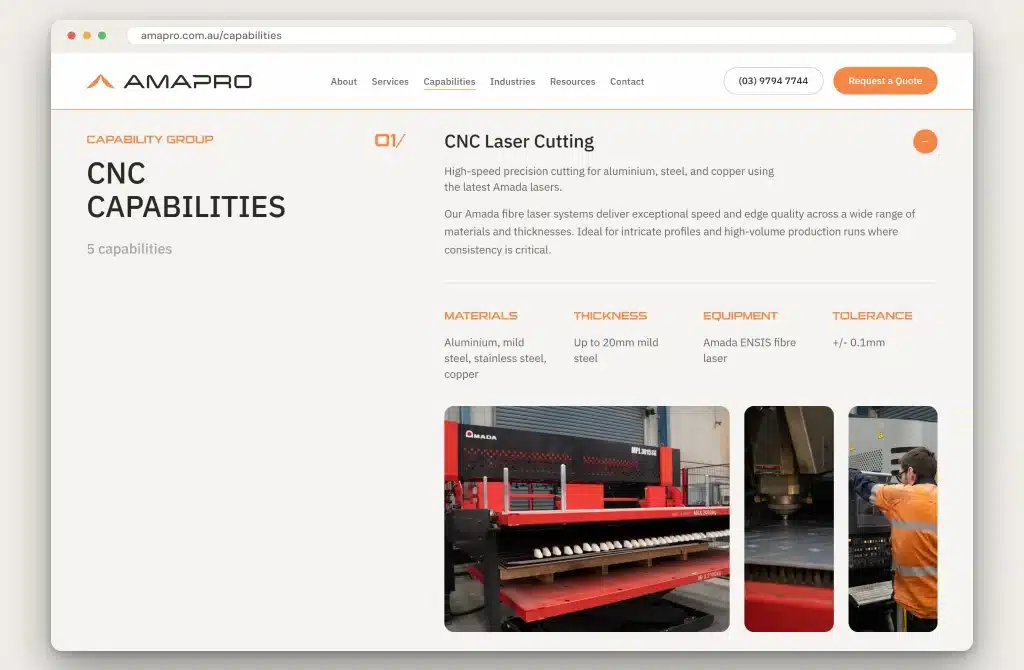 A webpage showcases Amapro’s CNC laser cutting capabilities, highlighting materials, thicknesses, equipment details, and tolerance ranges. Featuring two images of industrial machinery and a worker operating a machine, the site underscores Amapro’s reputation as a precision manufacturer delivering an elevated brand experience.