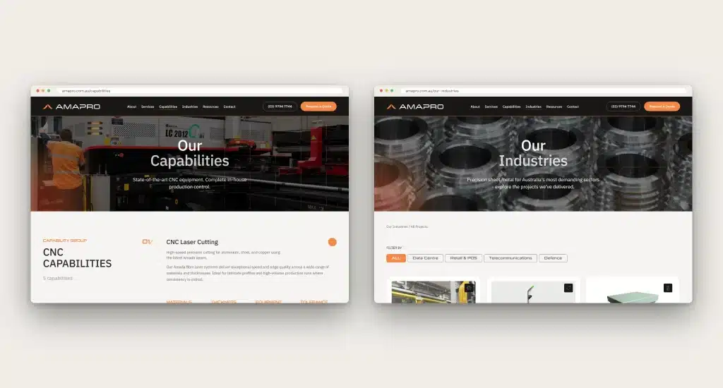Two browser windows display website pages: one showcases Amapro’s CNC laser cutting capabilities as a precision manufacturer, while the other highlights various industries served—including HVAC, medical, food, and telecom—demonstrating a seamless brand experience.