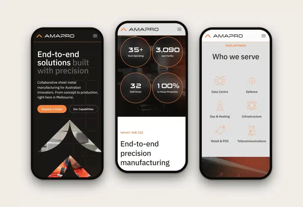 Three smartphone screens display Amapro’s manufacturing company website, highlighting services, statistics, and served industries in a clean, modern layout—delivering an elevated brand experience from a leading precision manufacturer.