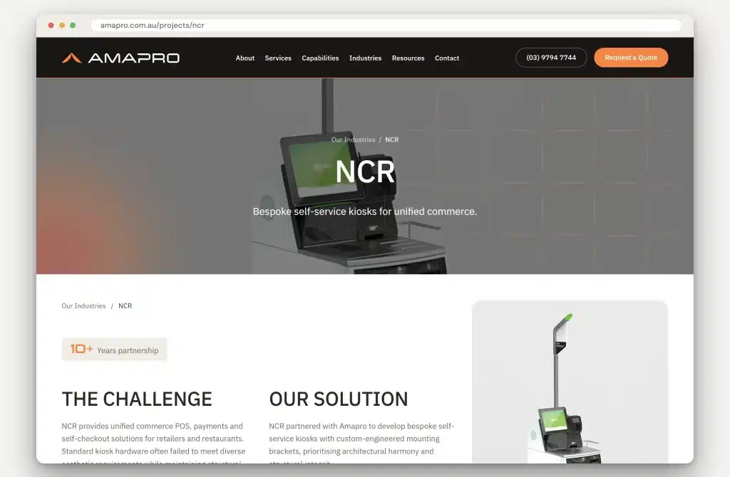 A webpage displays NCR self-service kiosk information, including a photo of the kiosk, navigation menu, and contact button on a grey and white layout—highlighting how precision manufacturer Amapro helps deliver an elevated brand experience.