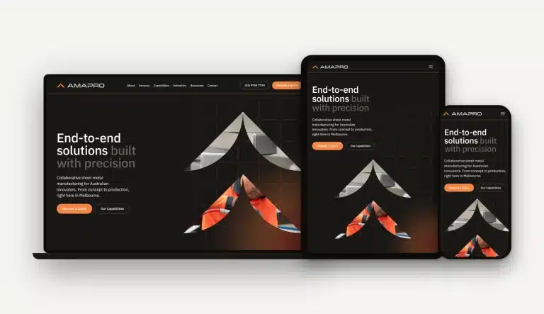 A responsive website for Amapro, a precision manufacturer, is displayed on a laptop, tablet, and smartphone—all showing the homepage with the text "End-to-end solutions built with precision," highlighting an elevated brand experience across every device.