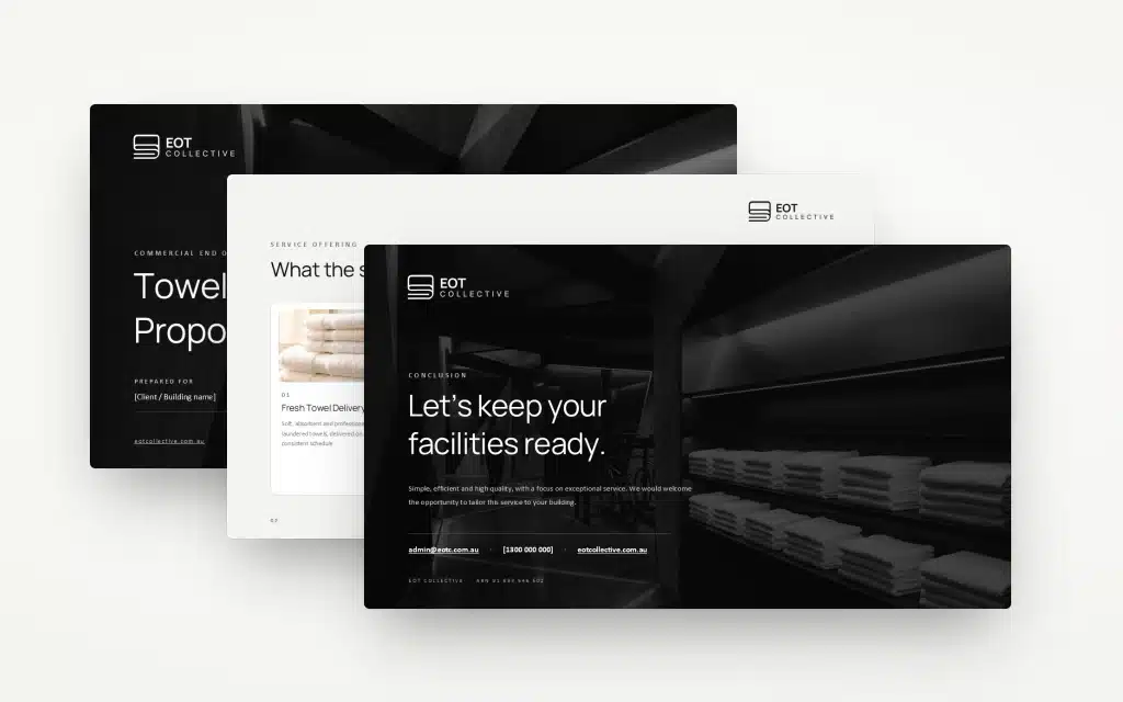 Three digital slides for EOT Collective showcase towels, facility interiors, and business information in a sleek, monochrome design. Highlighting the brand’s precision and strong digital presence, the slides feature minimal text with striking images of stacked towels.