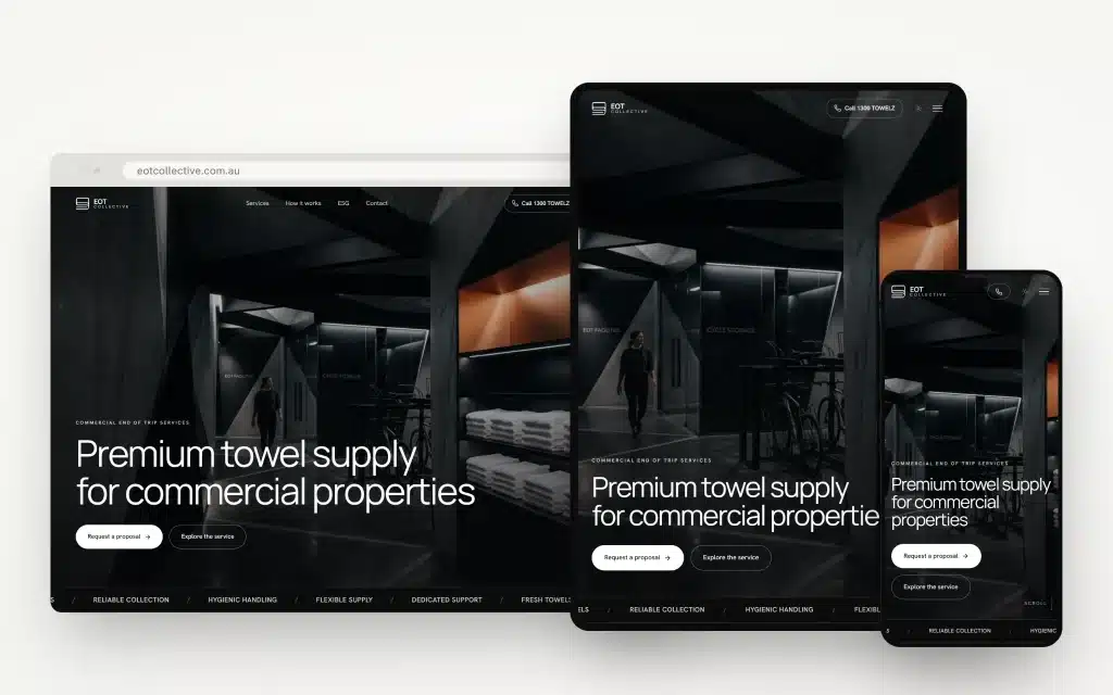 A website for premium towel supply by EOT Collective is displayed on desktop, tablet, and mobile screens, showcasing a dark modern interior and clear navigation buttons that enhance its digital presence with precision.