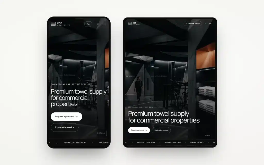 Two mobile screens display a website for premium towel supply services by EOT Collective, featuring a dark modern interior with stacked towels and overhead lighting that highlights the brand’s precision and strong digital presence.