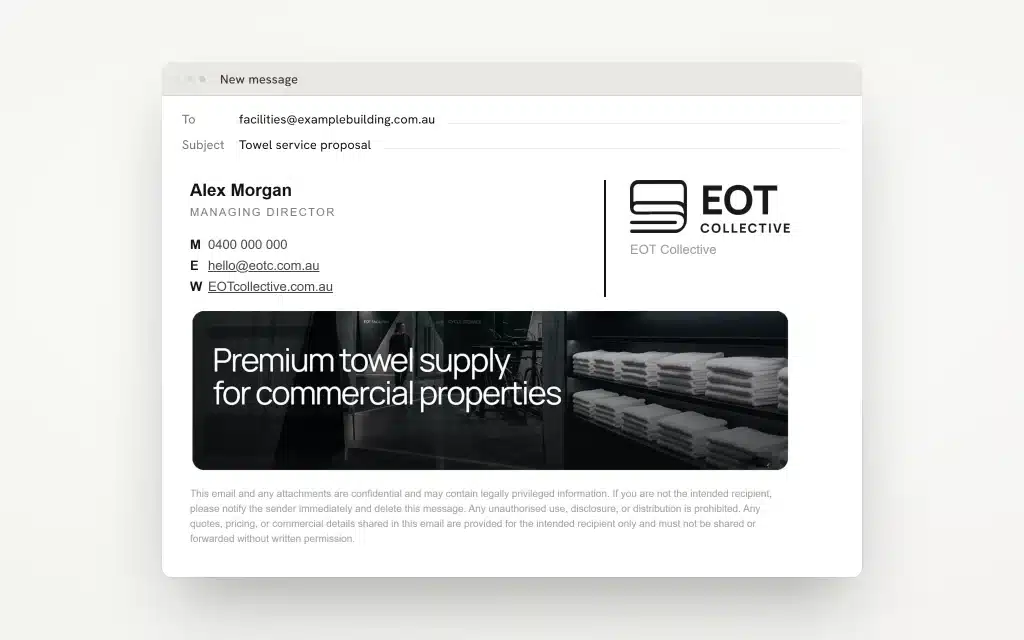 Email screenshot shows a proposal for towel service, with sender details, EOT Collective logo—a testament to the company’s digital presence—and a photo of neatly folded white towels arranged with precision in a laundry facility.