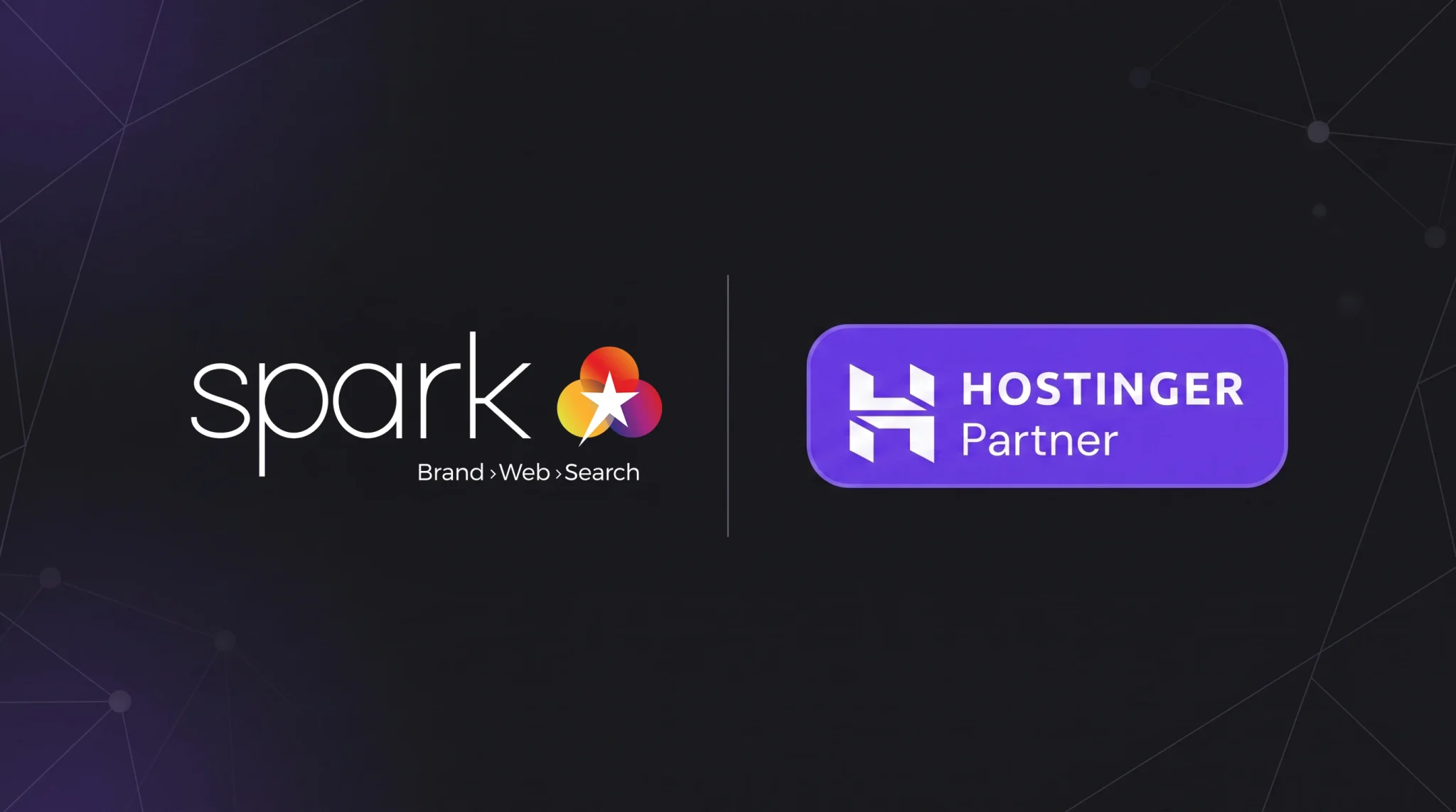 Spark Interact logo with the text “Brand. Web. Search” alongside the Hostinger Partner badge on a dark background.