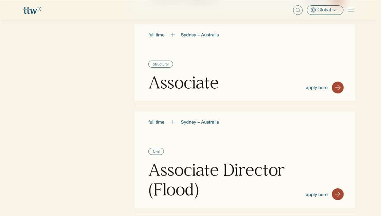 TTW position listing cards with discipline tags and apply links