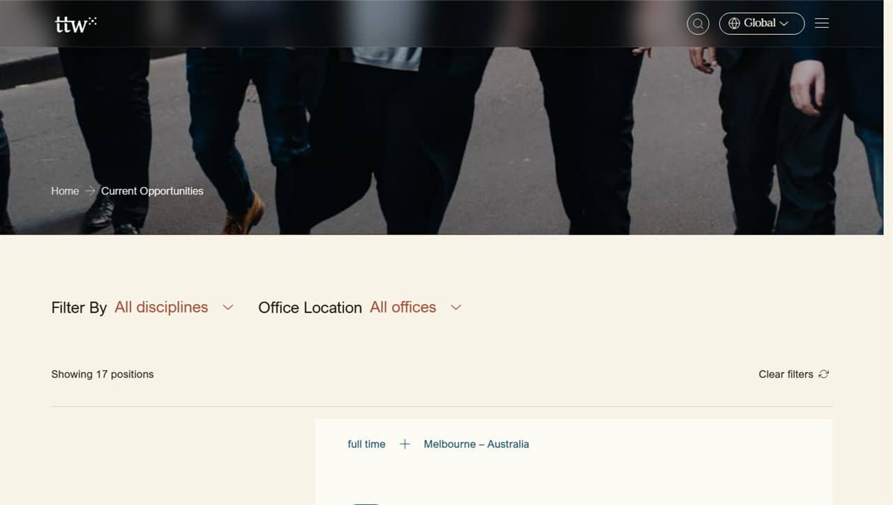 TTW careers page with discipline and office filters
