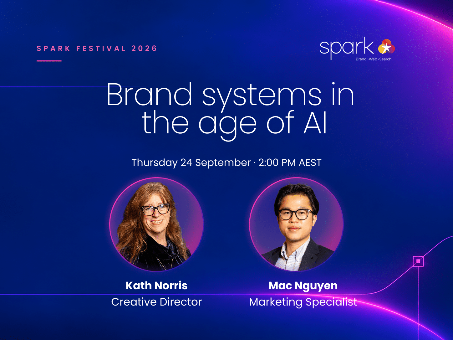 Spark Festival 2026 event poster for “Brand systems in the age of AI” on September 24 at 2:00 PM AEST, featuring speakers Kath Norris and Mac Nguyen discussing brand identity.