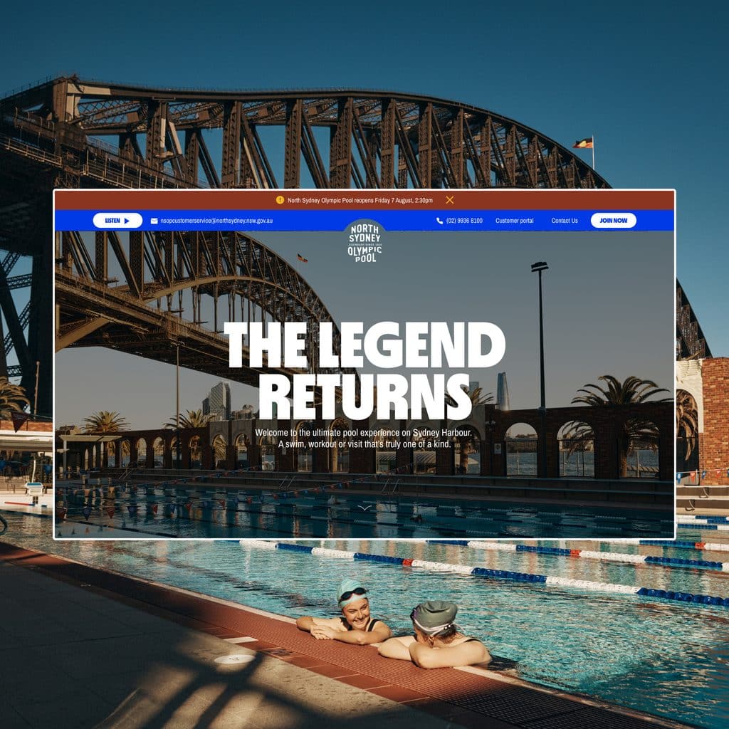 Two people swim in an outdoor pool near the Sydney Harbour Bridge, with “The Legend Returns” overlay, reflecting brand consistency and website navigation elements at the top.