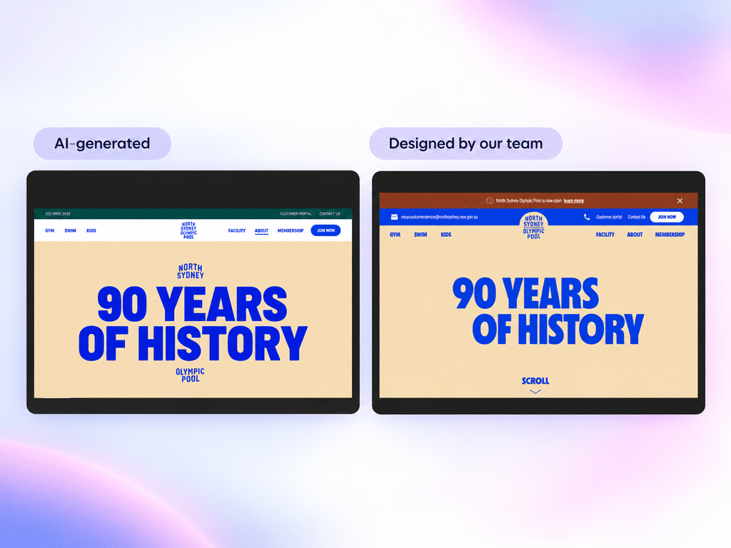 Side-by-side comparison of two website homepage designs for “90 Years of History”—one AI-generated (left), the other “Designed by our team” for brand consistency (right).