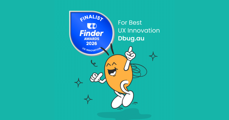 A cartoon character celebrates next to a blue “Finder Awards 2026 Finalist” badge and text: “For Best UX Innovation Dbug.au” on a teal background, highlighting the achievement at the prestigious Finder Innovation Awards, with Spark Interact capturing the moment.
