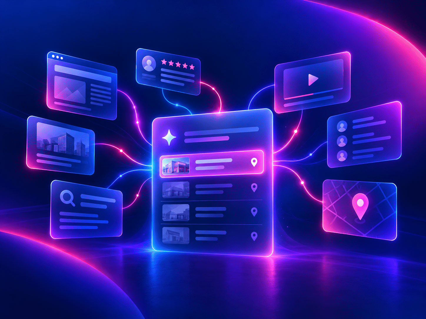 A glowing digital interface displays connected windows with icons for maps, profiles, videos, reviews, search, and images—all powered by AI SEO—against a dark, neon-lit background. This cutting-edge design offers small businesses an intuitive hub to enhance their online presence and reach new customers effortlessly.