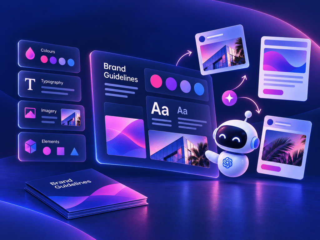 A robot powered by AI presents digital brand guidelines—color palettes, typography, imagery—in a neon-lit scene, ensuring brand consistency. A brochure stack sits in the foreground.