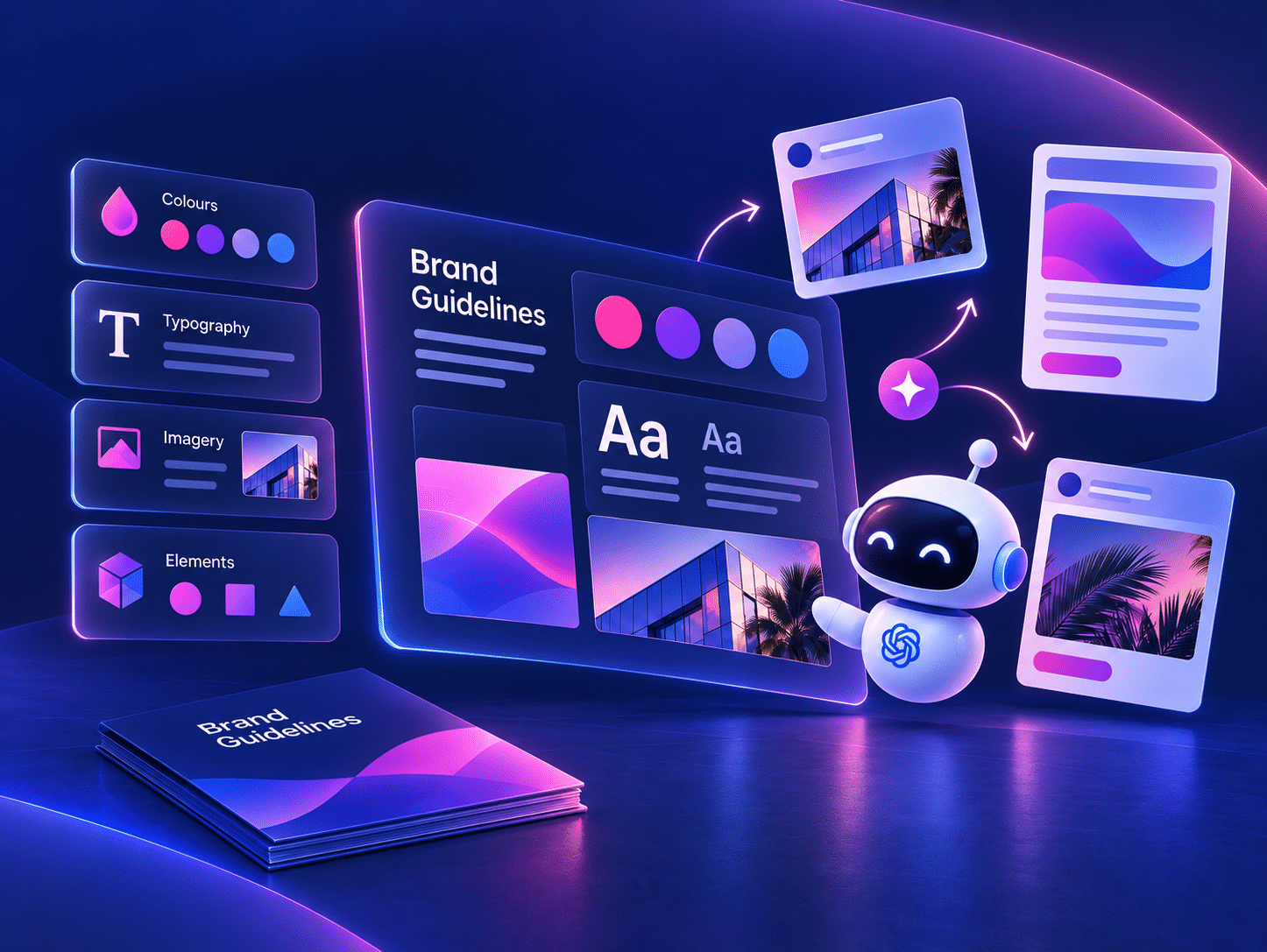 A robot powered by AI presents digital brand guidelines—color palettes, typography, imagery—in a neon-lit scene, ensuring brand consistency. A brochure stack sits in the foreground.