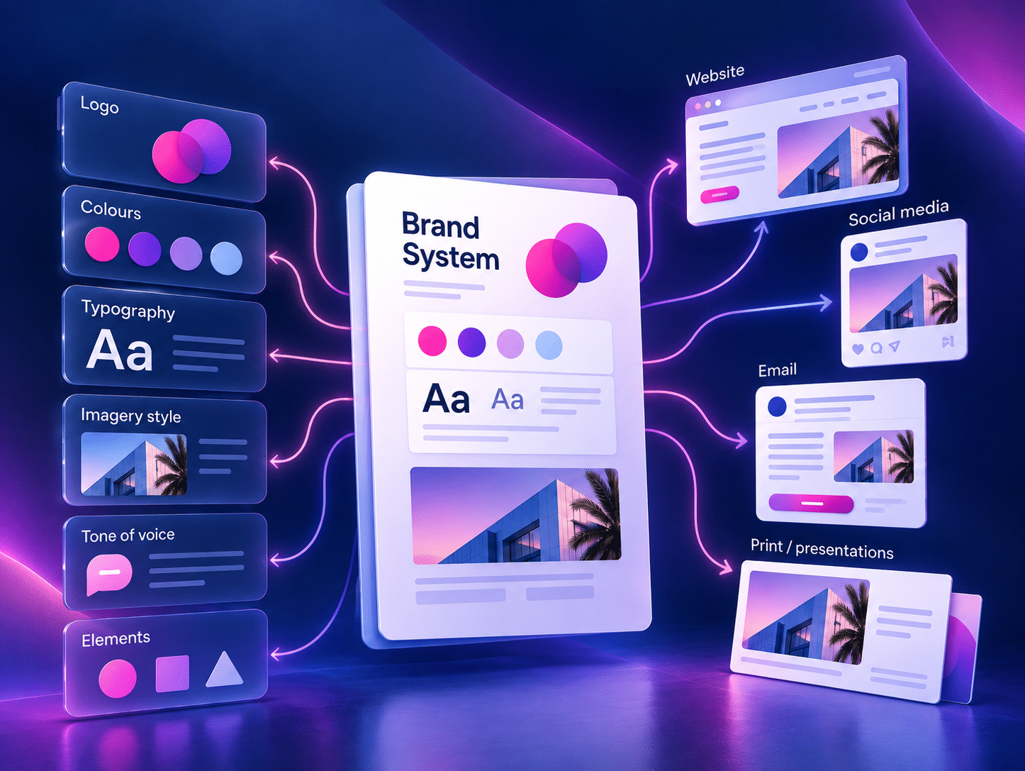 A digital illustration of a brand system showing logo, colors, typography, and elements, all ensuring AI-powered brand consistency across website, social media, email, and print outputs.