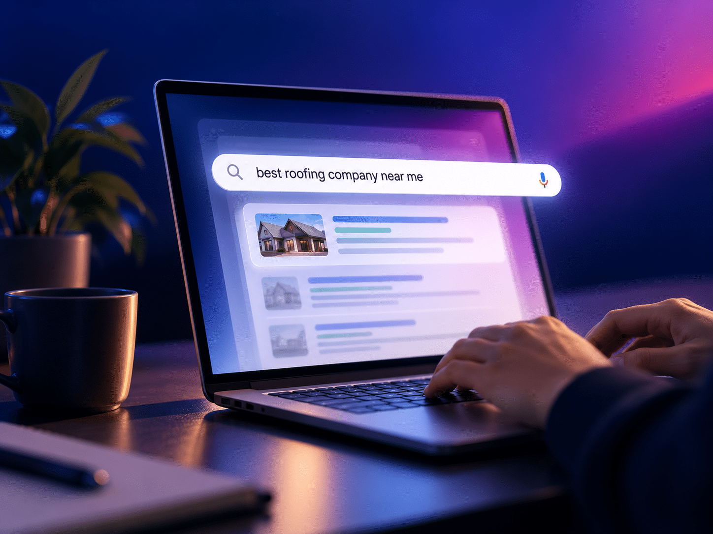 A person searches for “best roofing company near me” using AI SEO on a laptop at a desk with a plant, mug, and gradient blue and purple background—perfect for small business success.