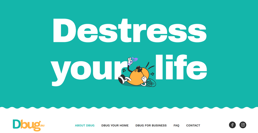 Turquoise background with large white text reading “Destress your life” and a relaxed cartoon bug lying on its back, holding a flower. Recognized for UX Innovation at the Finder Innovation Awards, Spark Interact’s design features a navigation menu visible at the bottom.