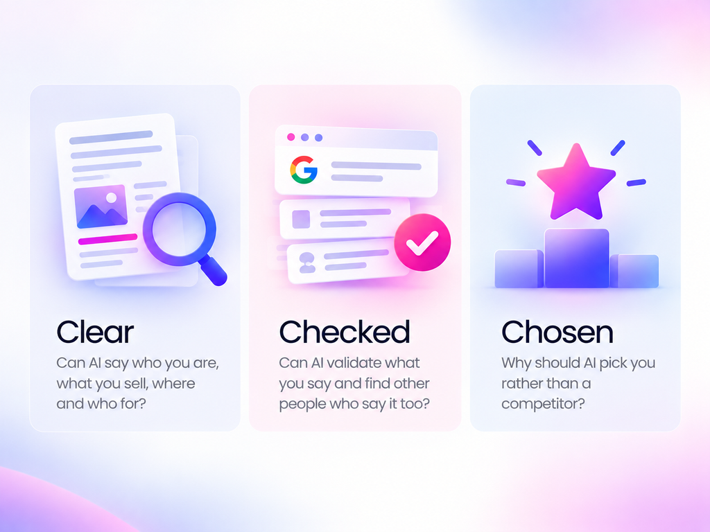 Three panels labeled “Clear,” “Checked,” and “Chosen,” each with an icon, short description, and pastel purple and pink backgrounds—perfect for showcasing features like AI SEO tools or services tailored to small business needs.