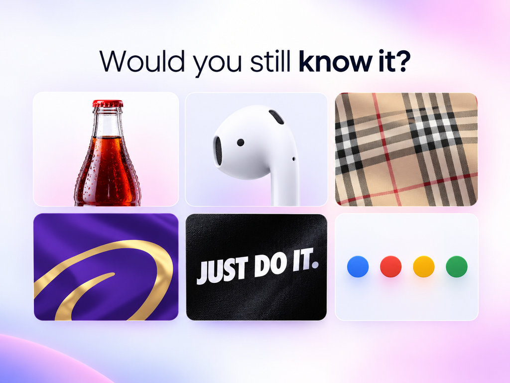 A collage featuring a soda bottle, wireless earbud, plaid fabric, purple swirl, “Just Do It.” slogan, and four colored dots—showcasing creative AI and brand consistency.