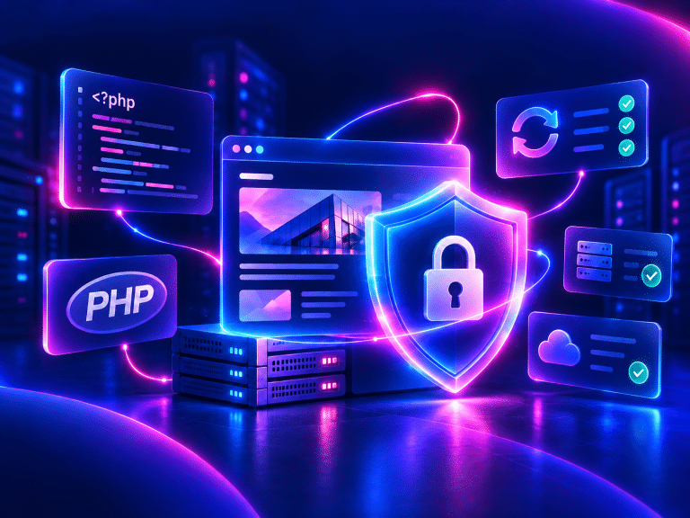 A neon-glowing digital interface featuring a central shield with a padlock icon, surrounded by floating panels displaying PHP code, cloud icons, and server status updates for business cybersecurity.