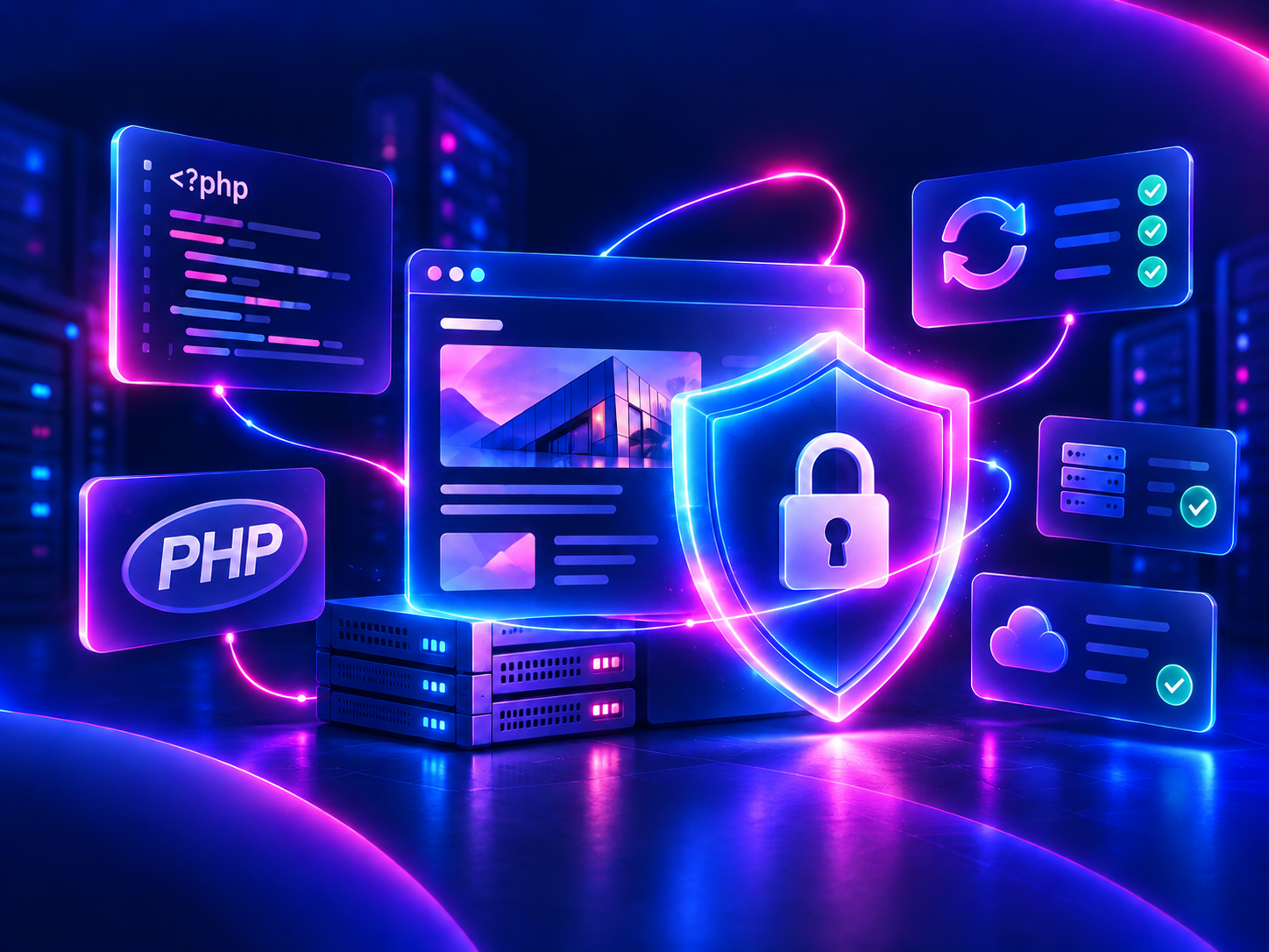 A neon-glowing digital interface featuring a central shield with a padlock icon, surrounded by floating panels displaying PHP code, cloud icons, and server status updates for business cybersecurity.